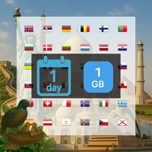 Europe (40+ areas) & Morocco 1GB/Day