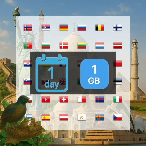Europe (40+ areas) & Morocco 1GB/Day