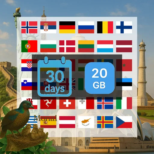 Europe (40+ areas) & Morocco 20GB 30Days
