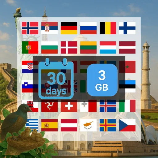 Europe (40+ areas) & Morocco 3GB 30Days