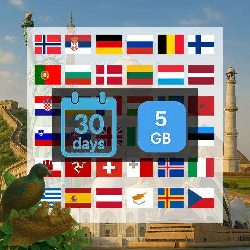Europe (40+ areas) & Morocco 5GB 30Days
